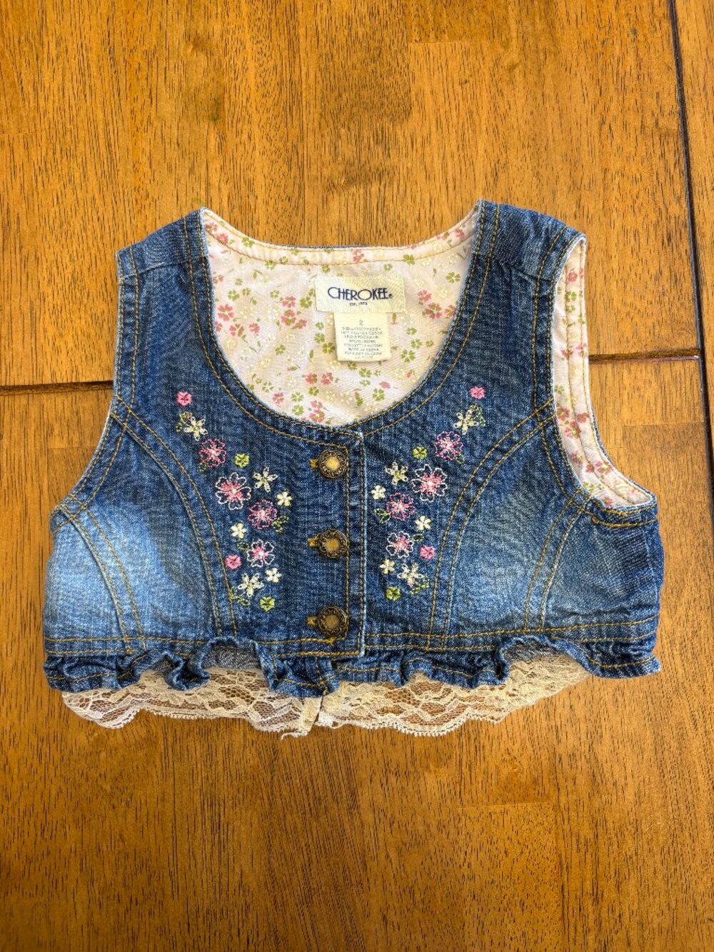 Cherokee Denim Jacket Embroidered Floral Lace Accents Baby Toddler 2T Cropped